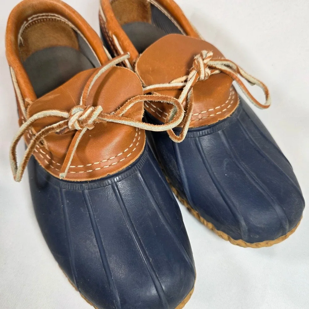 LL Bean Bean Boot Mens 8 Navy Blue Tan Leather Rubber Moc Duck Boots Made in USA